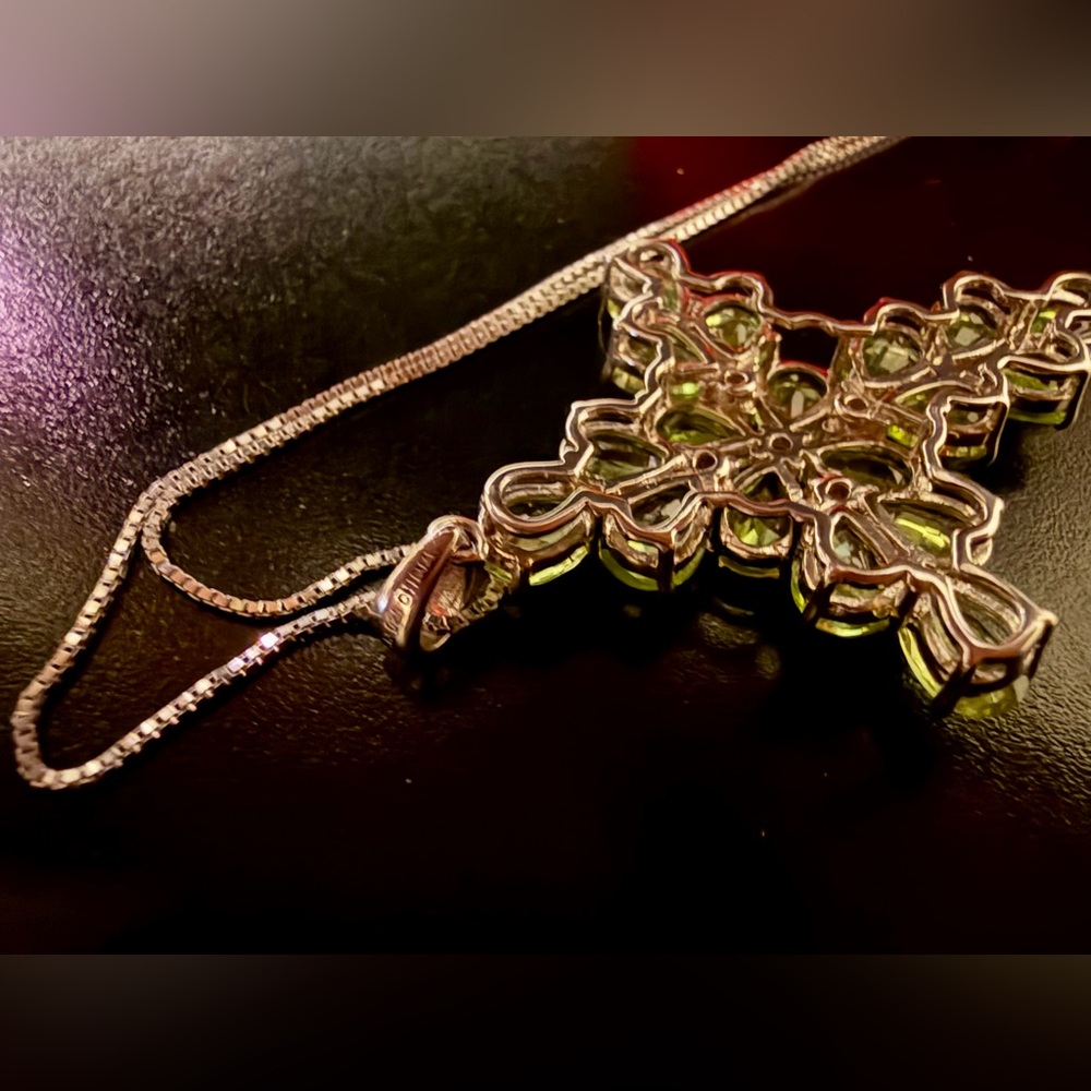 Sterling Silver 925 Peridot and White Topaz Gemstone Cross Pendant Necklace - Picture 4 of 9